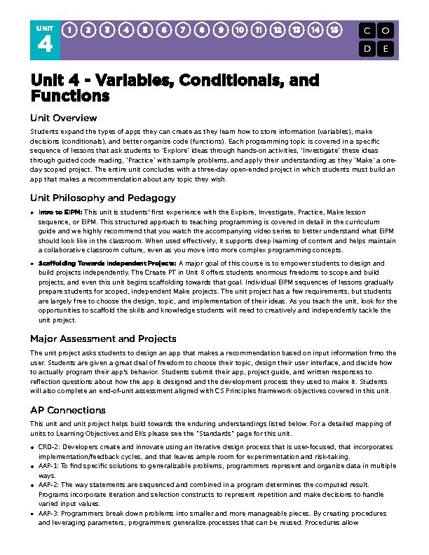 [PDF] Unit 4 - Variables, Conditionals, and Functions - Codeorg curriculum