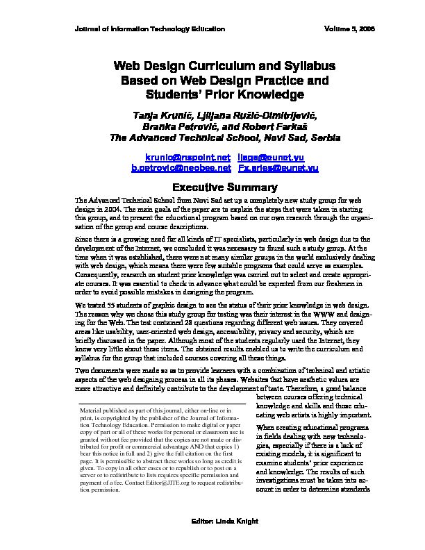 [PDF] Web Design Curriculum and Syllabus Based on Web Design