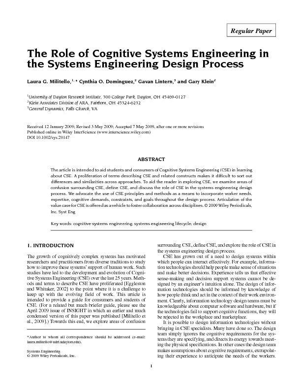 [PDF] The role of cognitive systems engineering in the systems