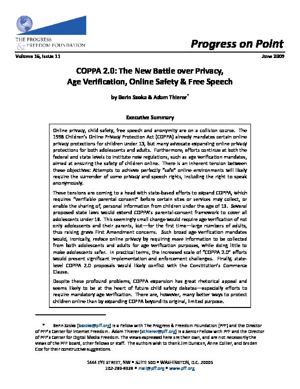 [PDF] COPPA 20: The New Battle over Privacy, Age Verification, Online
