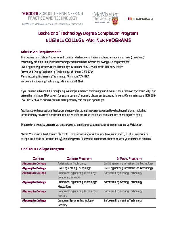 [PDF] ELIGIBLE COLLEGE PARTNER PROGRAMS - McMaster Engineering