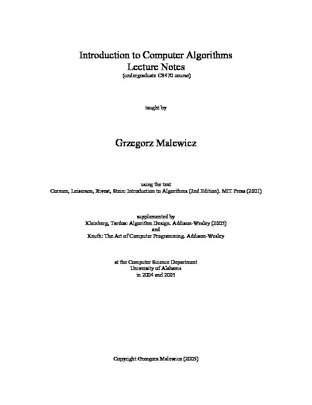 Introduction to Computer Algorithms Lecture Notes