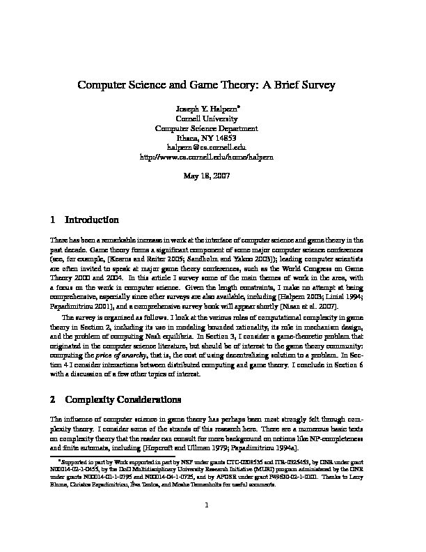 Computer Science and Game Theory: A Brief Survey