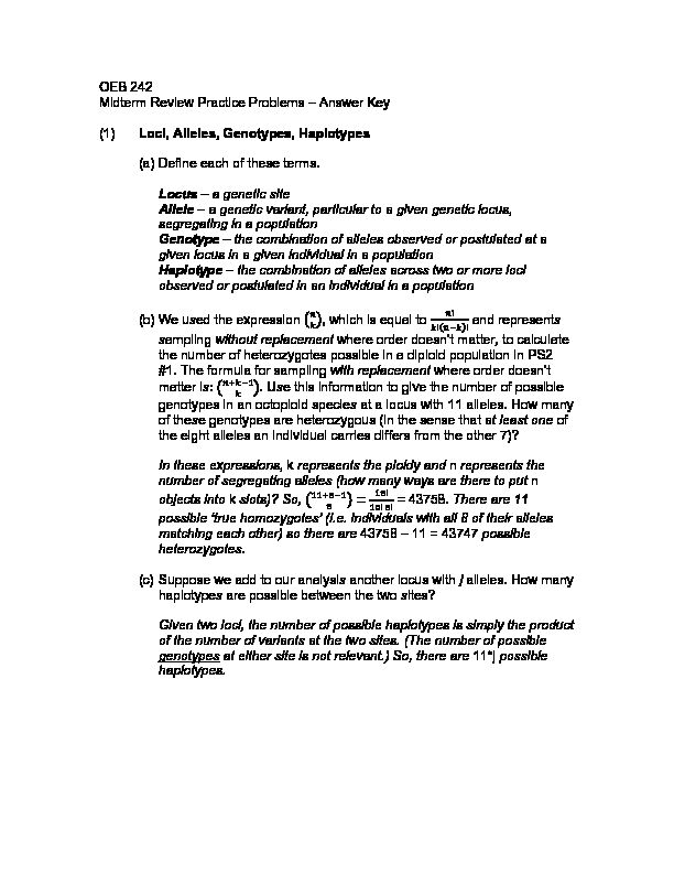 [PDF] Answer Key (1) Loci, Alleles, Genotypes, Haplotypes (a) Define