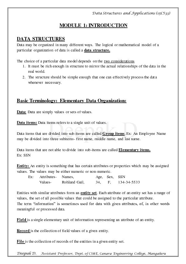 [PDF] MODULE 1: INTRODUCTION DATA STRUCTURES - Deepak D