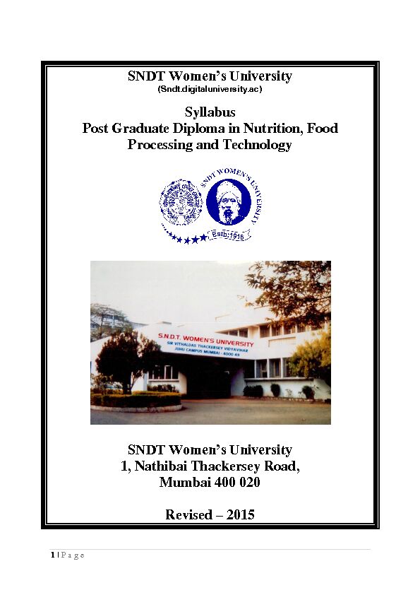 [PDF] Syllabus Post Graduate Diploma in Nutrition, Food Processing and
