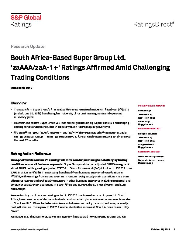 [PDF] South Africa-Based Super Group Ltd zaAAA/zaA-1  Ratings