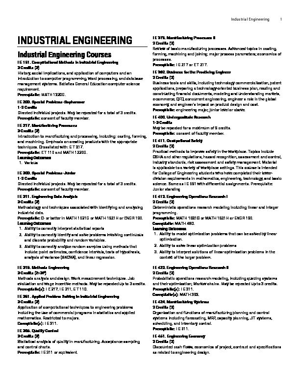 [PDF] Industrial Engineering Courses - NMSU Catalog