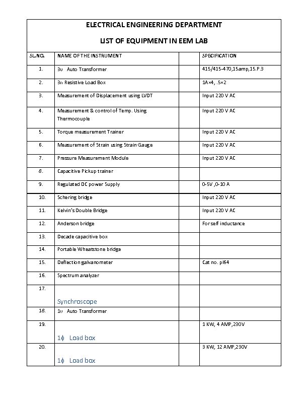 ELECTRICAL ENGINEERING DEPARTMENT LIST OF EQUIPMENT