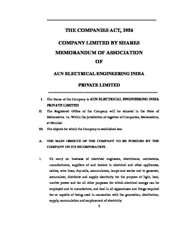 THE COMPANIES ACT, 1956 COMPANY LIMITED BY SHARES