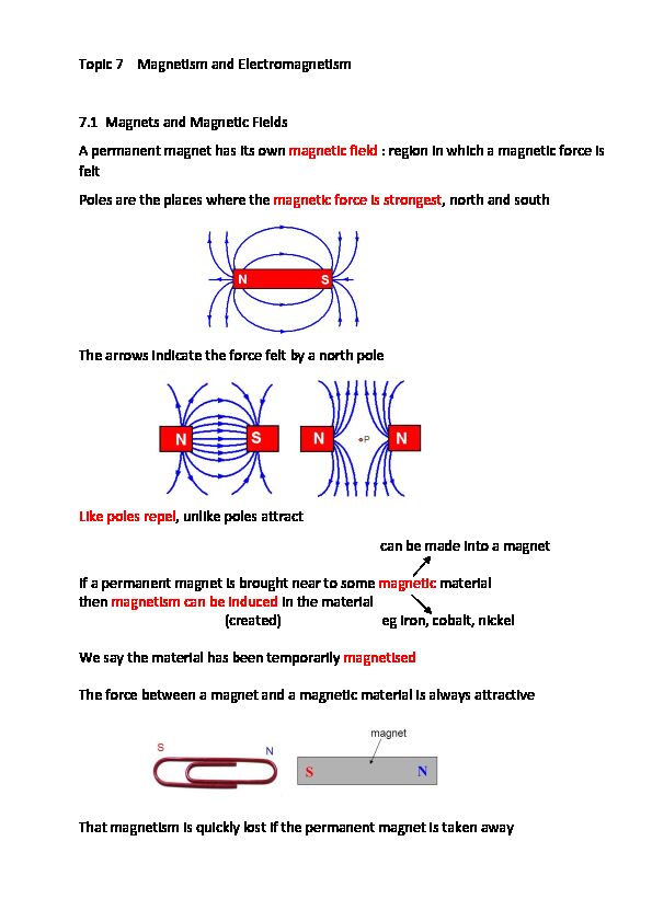 [PDF] Topic 7 Magnetism and Electromagnetism - Portland Place School
