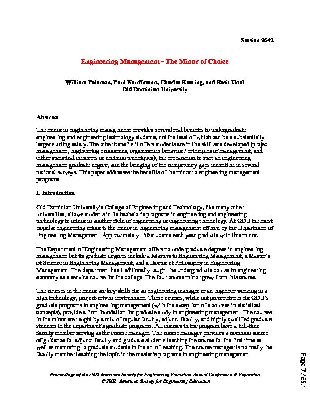 [PDF] Engineering Management - The Minor of Choice - Asee peer