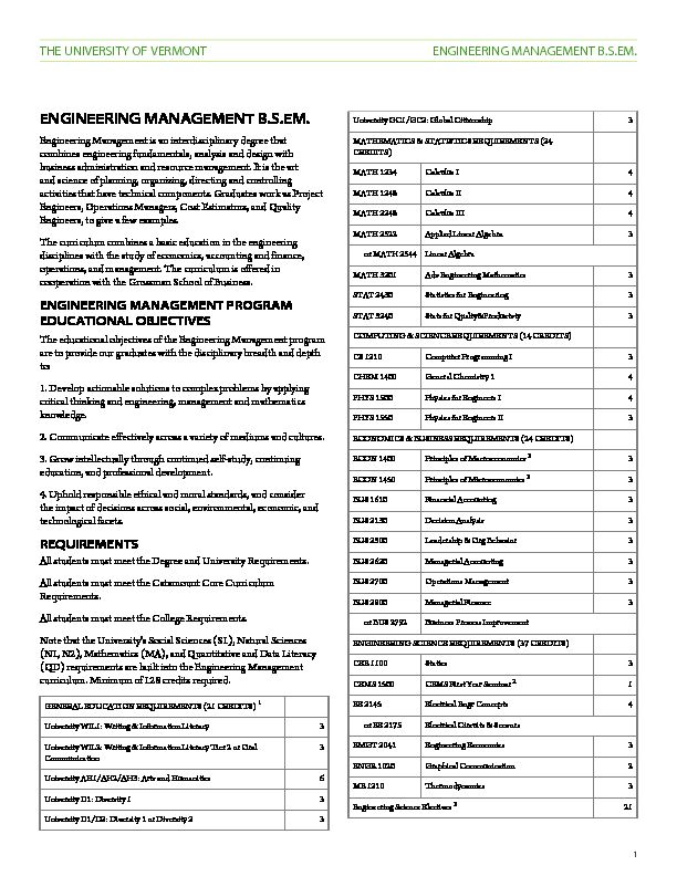[PDF] Engineering Management BSEM - UVM Catalogue