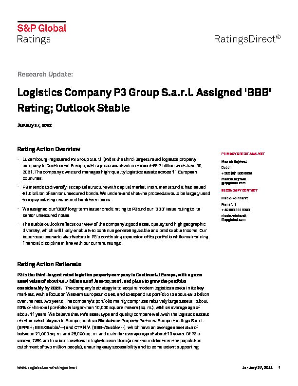 Logistics Company P3 Group S.a.r.l. Assigned BBB Rating; Outlook
