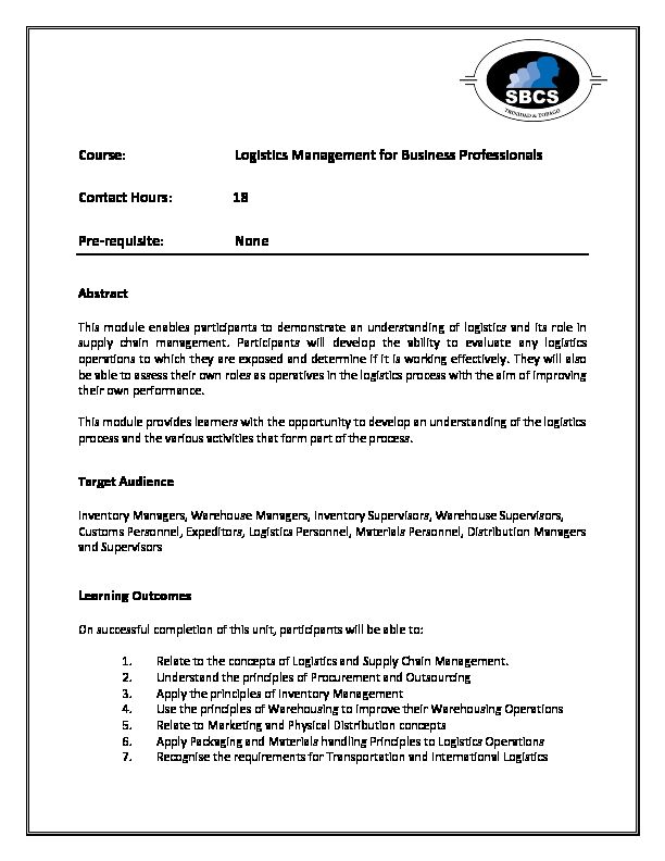 [PDF] Course: Logistics Management for Business Professionals Contact
