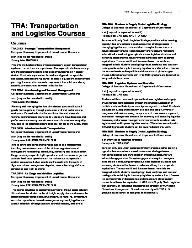 [PDF] TRA: Transportation and Logistics Courses - UWF Catalog