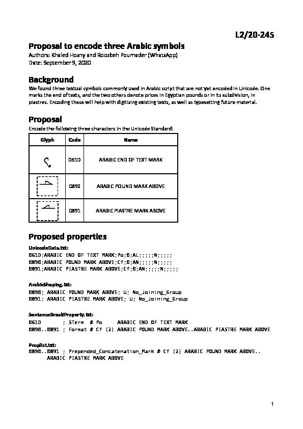 [PDF] L2/20-245 Proposal to encode three Arabic symbols - Unicode
