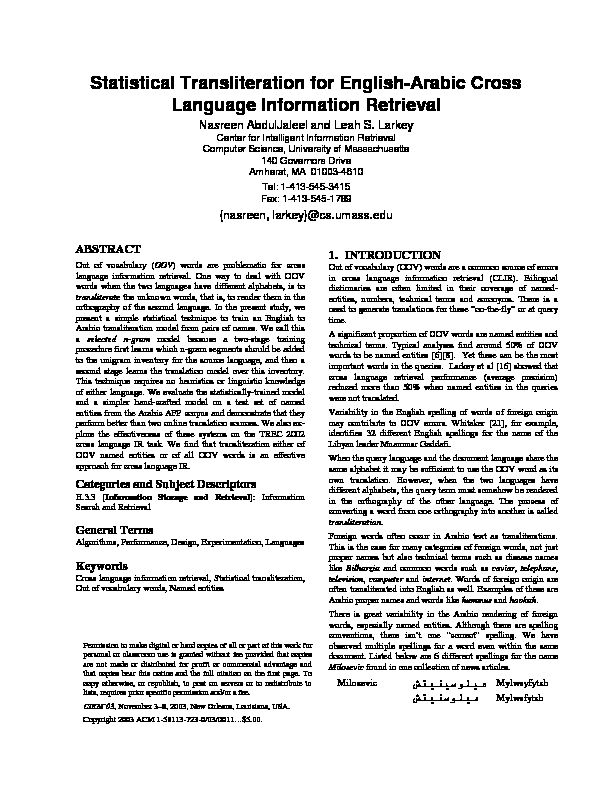 Statistical Transliteration for English-Arabic Cross Language