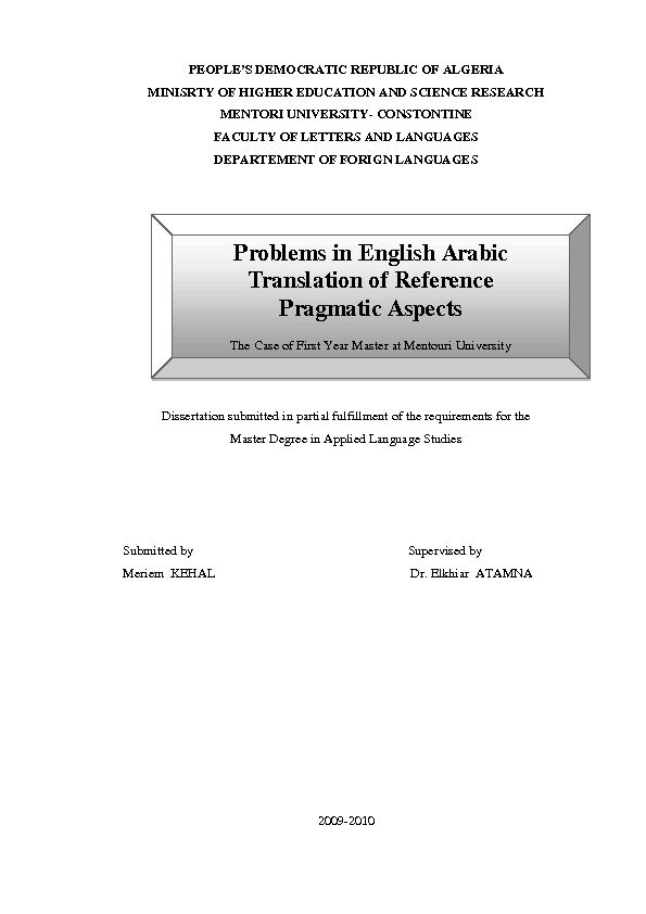[PDF] Problems in English Arabic Translation of Reference Pragmatic