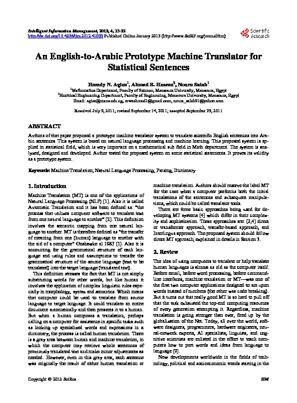 [PDF] An English-to-Arabic Prototype Machine Translator for Statistical
