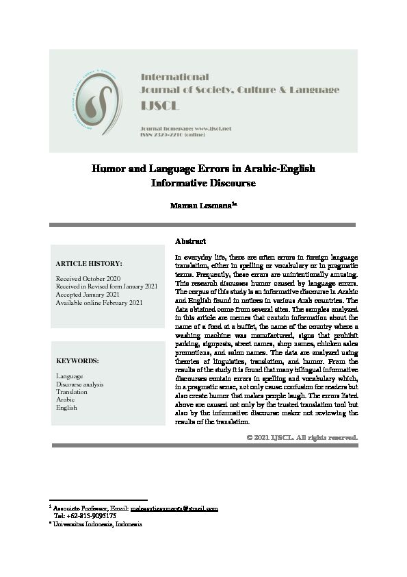 [PDF] Humor and Language Errors in Arabic-English Informative Discourse