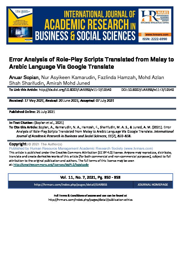 [PDF] Error Analysis of Role-Play Scripts Translated from Malay to Arabic