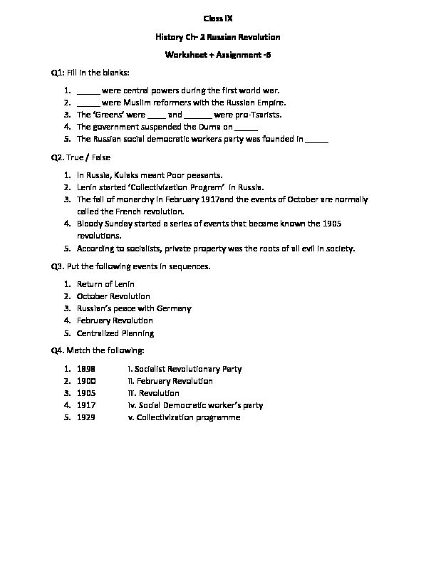 [PDF] Class IX History Ch- 2 Russian Revolution Worksheet   Assignment