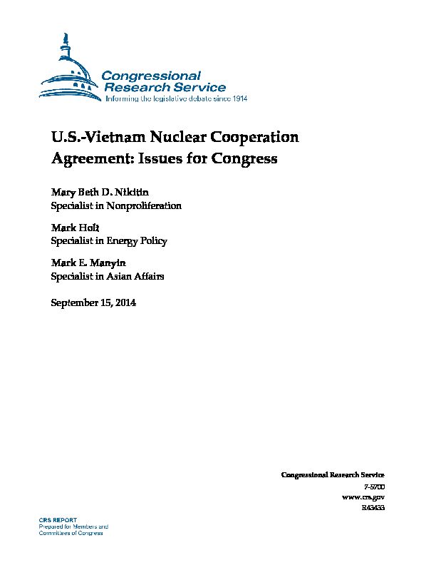 U.S.-Vietnam Nuclear Cooperation Agreement: Issues for Congress