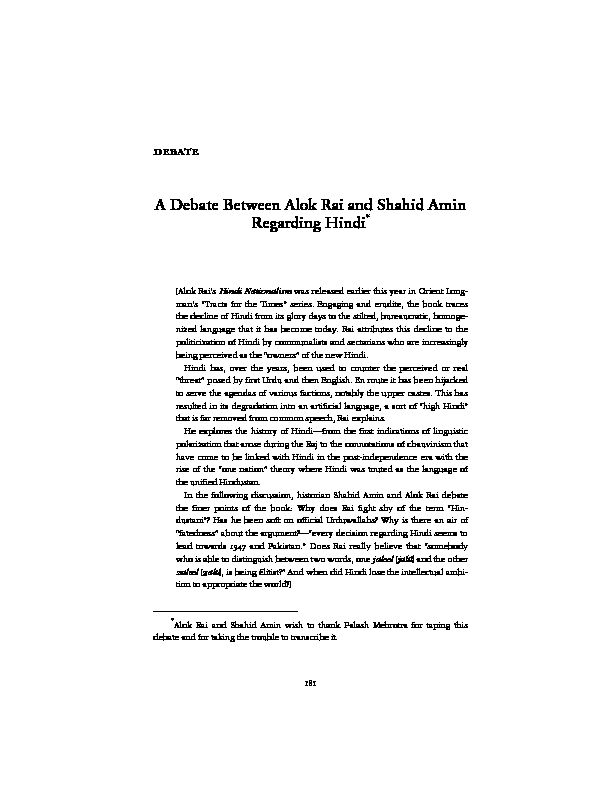 [PDF] A Debate Between Alok Rai and Shahid Amin Regarding Hindi*