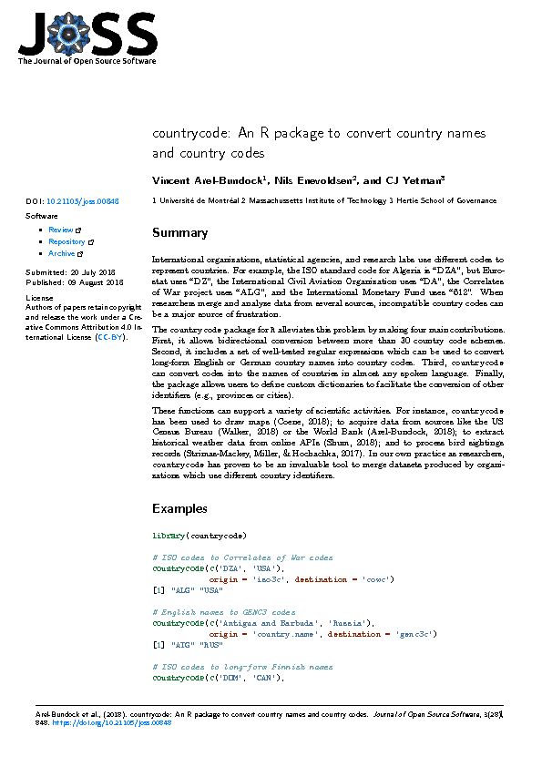 countrycode: An R package to convert country names and