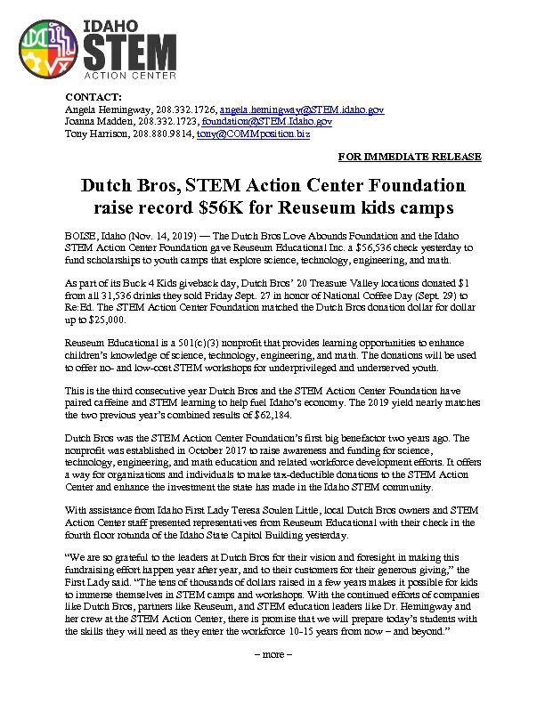 Dutch Bros STEM Action Center Foundation raise record $56K for