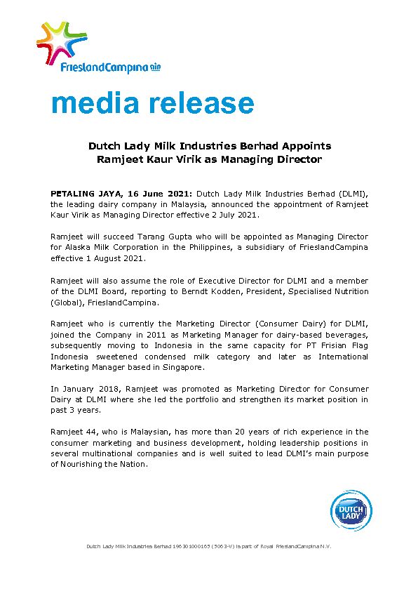 Media Release Dutch Lady Milk Industries Berhad Appoints New