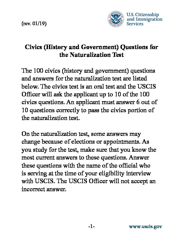 [PDF] 100 Civics Questions and Answers - USCIS