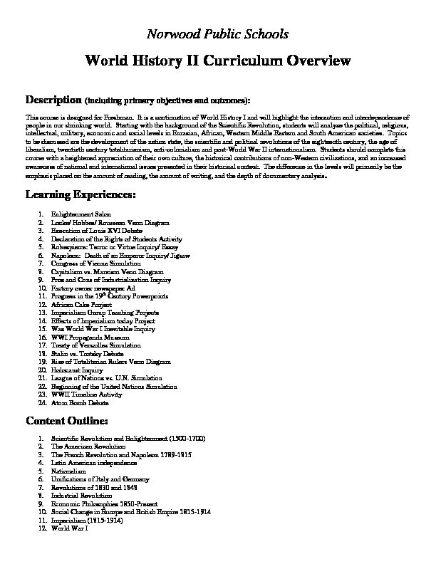 [PDF] World History II Curriculum Overview - Norwood Public Schools