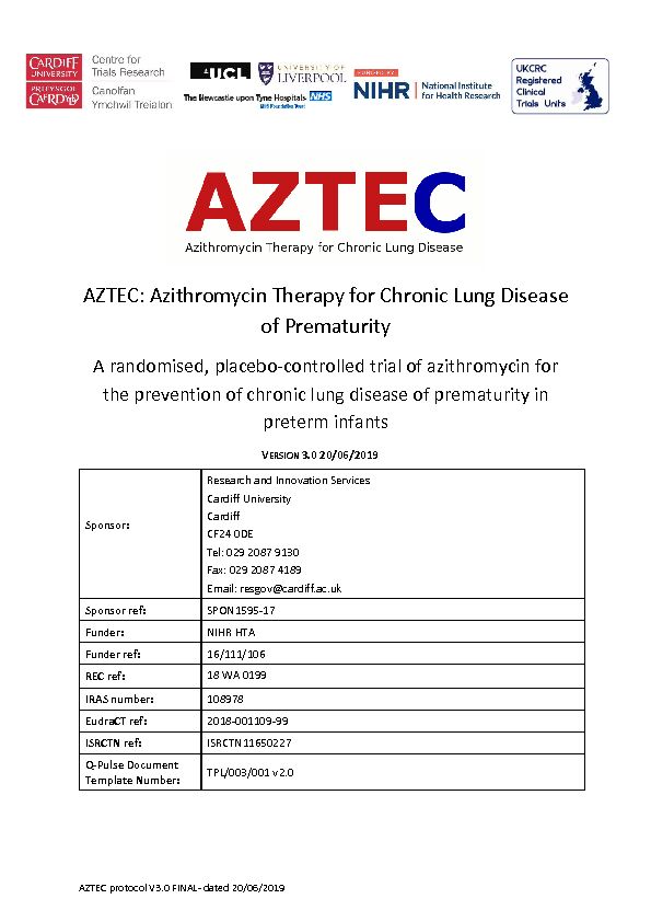 [PDF] Azithromycin Therapy for Chronic Lung Disease of Prematurity - AZTEC