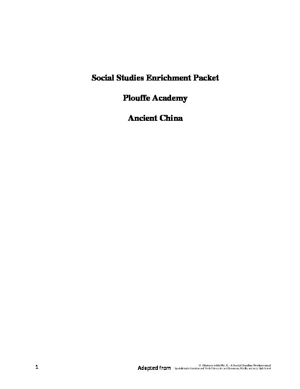Social Studies Enrichment Packet Plouffe Academy Ancient China