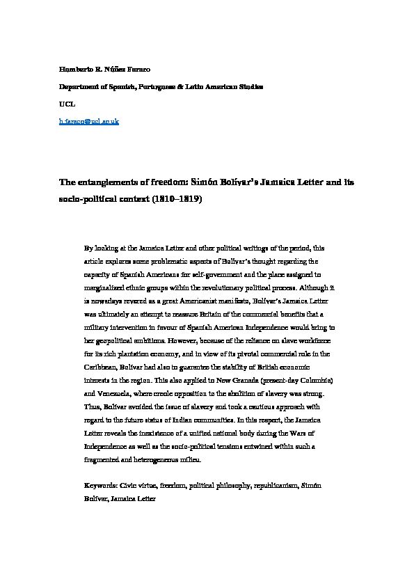 [PDF] Simón Bolívars Jamaica Letter and its socio-political context (1810