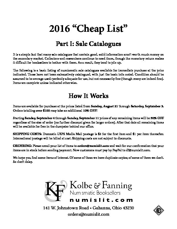 [PDF] 2016 “Cheap List” - Part I: Sale Catalogues - Kolbe & Fanning