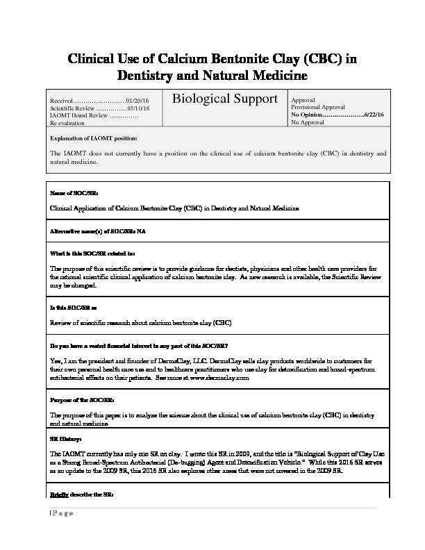 Clinical Use of Calcium Bentonite Clay (CBC) in Dentistry and