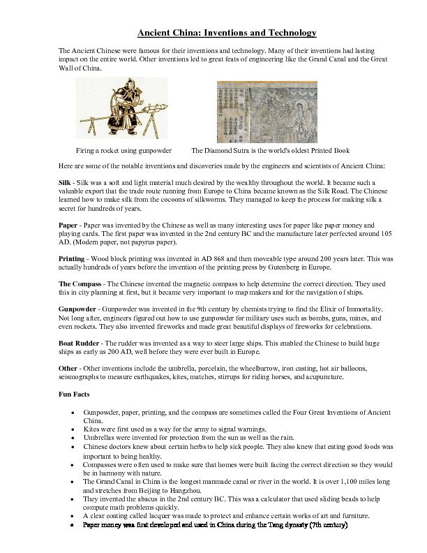 [PDF] Ancient China: Inventions and Technology - 6th Grade Social Studies