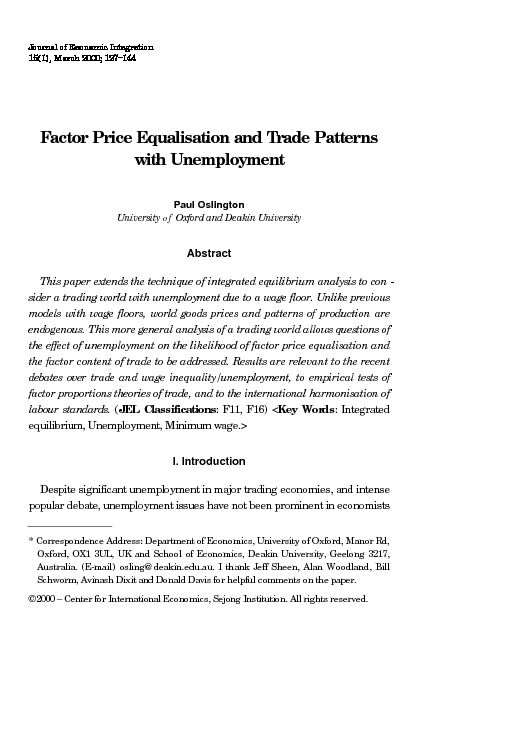 [PDF] Factor Price Equalisation and Trade Pattern s with Unemployment