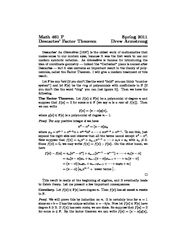 [PDF] Math 461 F Spring 2011 Descartes Factor Theorem Drew Armstrong