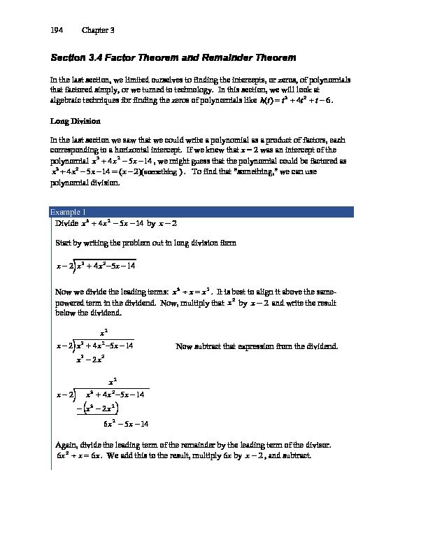 [PDF] Section 34 Factor Theorem and Remainder Theorem