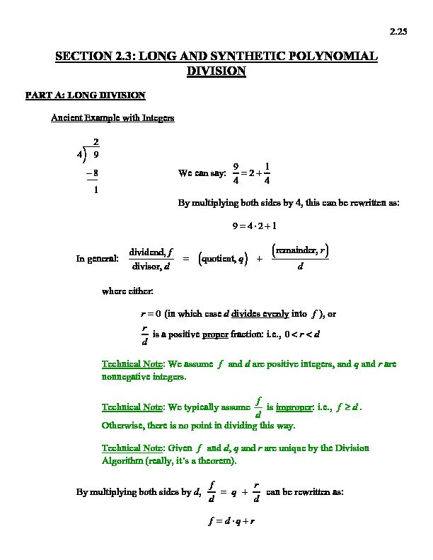 [PDF] SECTION 23: LONG AND SYNTHETIC POLYNOMIAL DIVISION