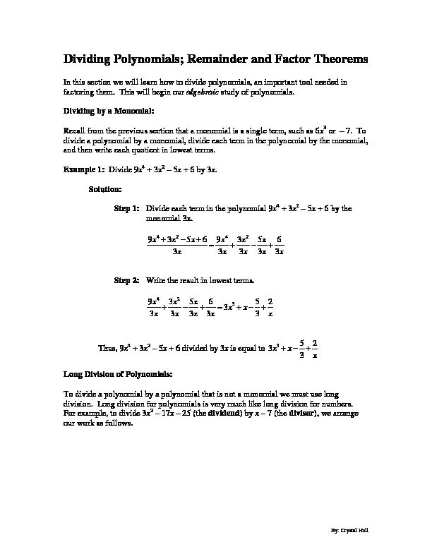 [PDF] Dividing Polynomials; Remainder and Factor Theorems