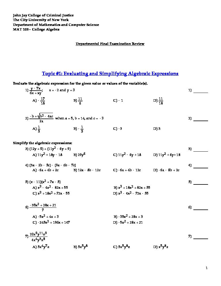 [PDF] Topic  : Evaluating and Simplifying Algebraic Expressions