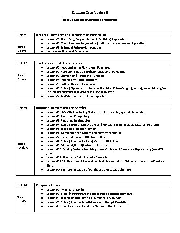 [PDF] Common Core Algebra II MRS21 Course Overview (Tentative) Unit