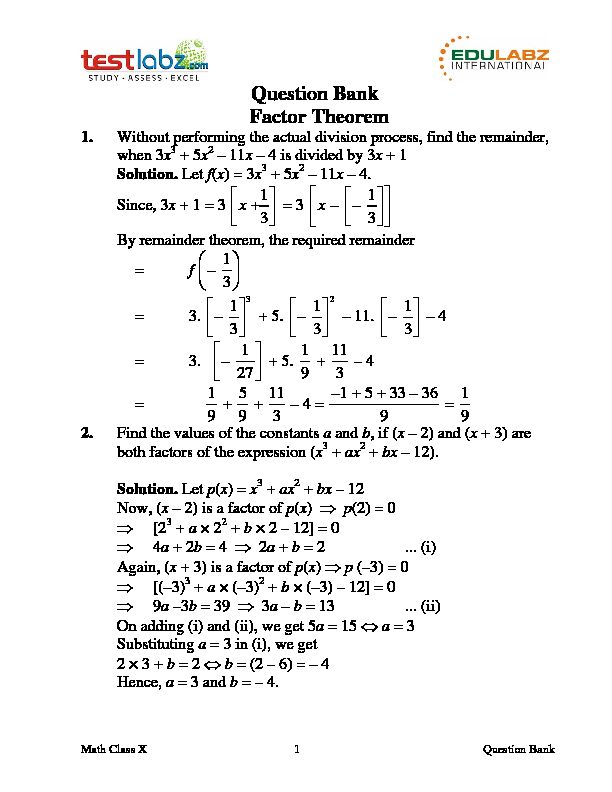 [PDF] Question Bank Factor Theorem - Testlabzcom