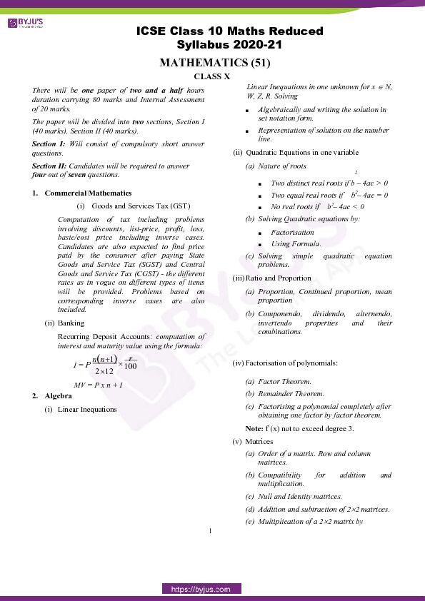 [PDF] ICSE Class 10 Maths Reduced Syllabus 2020-21  BYJUS