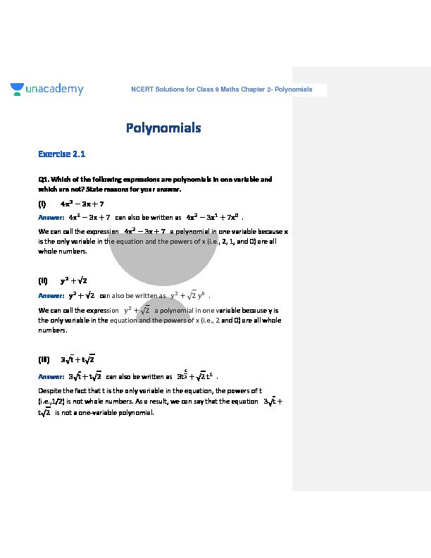[PDF] Polynomials  Unacademy